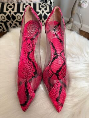Vince Camuto Hot Pink Snake-Print Clear Pointed Toe Pumps
